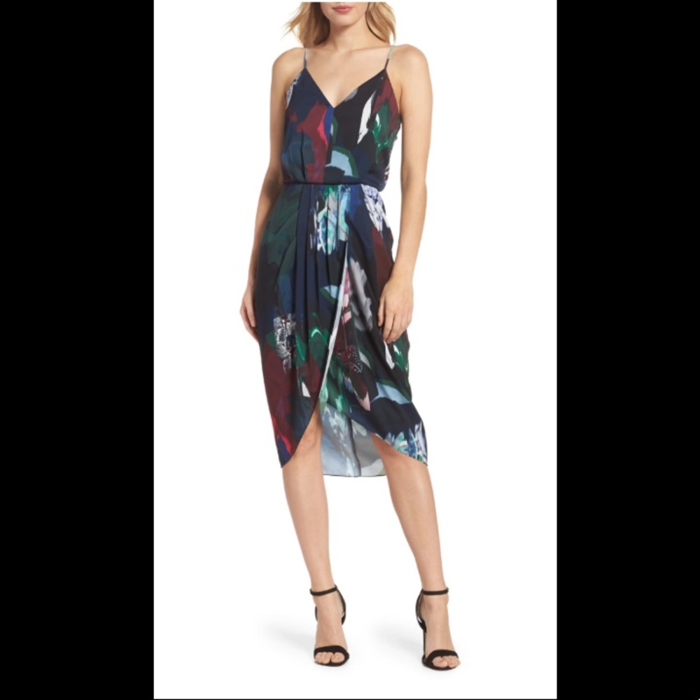 Navy artsy floral print sleeveless wrap dress